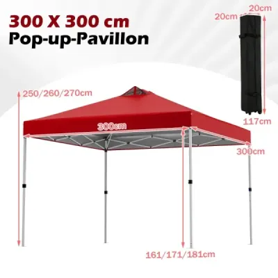 Skladací pavilón 3 x 3 m so 4 vrecami s pieskom, kolíkmi a lanami – záhradný pavilón, červený