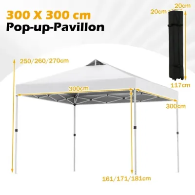 Skladací pavilón 3 x 3 m so 4 vrecami s pieskom, kolíkmi a lanami – záhradný pavilón, biely