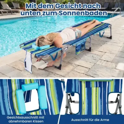 Skladacie ležadlo s otvorom na hlavu a ruky Záhradné ležadlo s nastaviteľným operadlom Modré pruhované