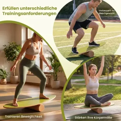 Balance Board pre dospelých – drevený trenažér rovnováhy s korkovou valčekom, zelený + prírodný