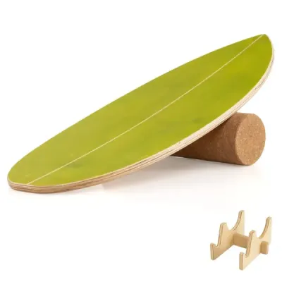 Balance Board pre dospelých – drevený trenažér rovnováhy s korkovou valčekom, zelený + prírodný