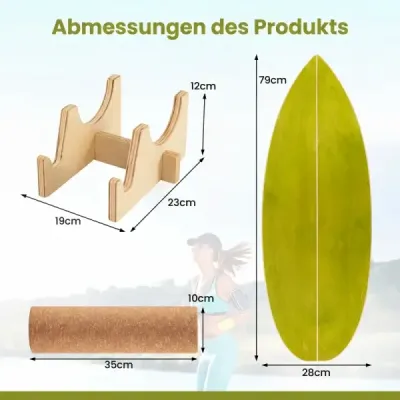 Balance Board pre dospelých – drevený trenažér rovnováhy s korkovou valčekom, zelený + prírodný