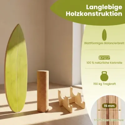 Balance Board pre dospelých – drevený trenažér rovnováhy s korkovou valčekom, zelený + prírodný