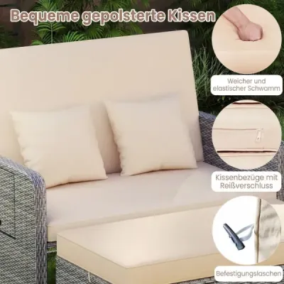 Ležadlo z polyrotangu s nastaviteľným operadlom a výklopnou bočnou odkladacou plochou, béžové