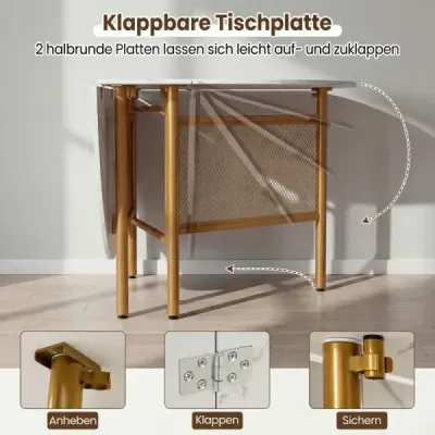 Sklopný jedálenský stôl pre 6–8 osôb, priestorovo úsporný kuchynský stôl so sklopnou funkciou, 150 x 80 x 76 cm, biela + zlatá