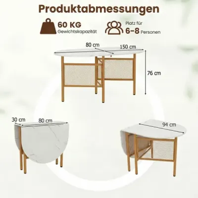 Sklopný jedálenský stôl pre 6–8 osôb, priestorovo úsporný kuchynský stôl so sklopnou funkciou, 150 x 80 x 76 cm, biela + zlatá