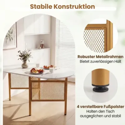 Sklopný jedálenský stôl pre 6–8 osôb, priestorovo úsporný kuchynský stôl so sklopnou funkciou, 150 x 80 x 76 cm, biela + zlatá