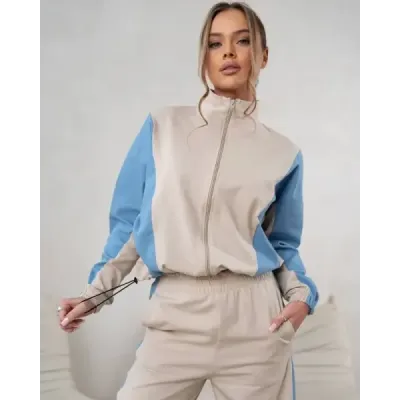 Tepláková súprava – mikina na zips + nohavice so širokými nohavicami v béžovo-modrej farbe MODA1151