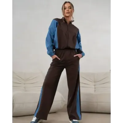 Tepláková súprava – mikina na zips + nohavice so širokými nohavicami v čokoládovo-modrej farbe MODA1151