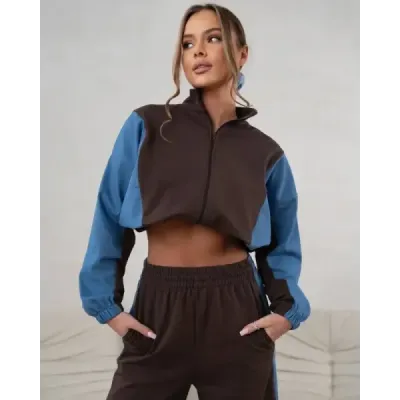 Tepláková súprava – mikina na zips + nohavice so širokými nohavicami v čokoládovo-modrej farbe MODA1151