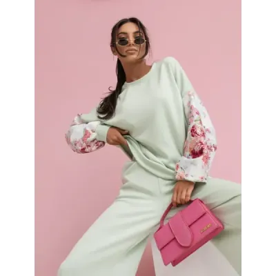 Ležérny komplet s nafúknutými rukávmi a širokými nohavicami v mätovej farbe MODA557