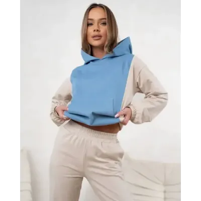 Dvojfarebná dámska tepláková súprava v modro-béžovej farbe MODA554