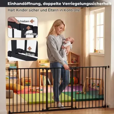 3-dielna detská zábrana s dvojitým uzamykacím mechanizmom a obojstranným výkyvným mechanizmom, bezpečnostné dvierka, čierna