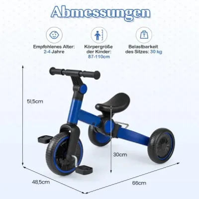 5 v 1 detský bicykel Detský balančný bicykel s odnímateľnými pedálmi a nastaviteľným riadidlom Modrý
