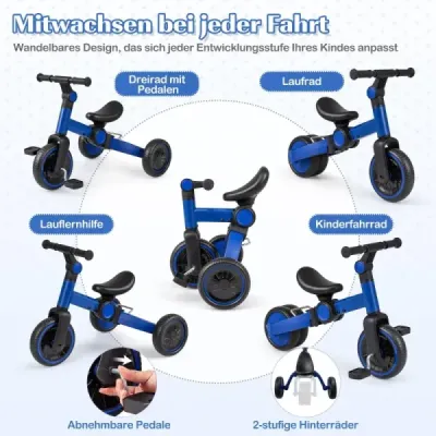 5 v 1 detský bicykel Detský balančný bicykel s odnímateľnými pedálmi a nastaviteľným riadidlom Modrý