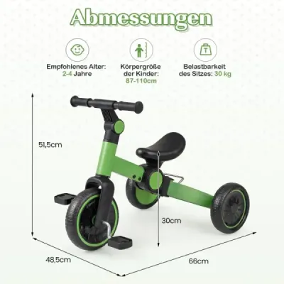 5 v 1 detský bicykel Detský balančný bicykel s odnímateľnými pedálmi a nastaviteľným riadidlom Zelený