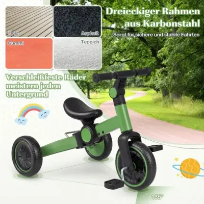 5 v 1 detský bicykel Detský balančný bicykel s odnímateľnými pedálmi a nastaviteľným riadidlom Zelený