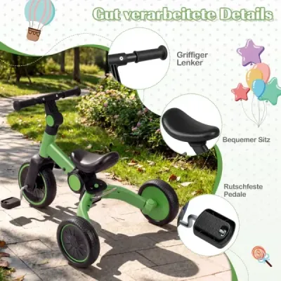 5 v 1 detský bicykel Detský balančný bicykel s odnímateľnými pedálmi a nastaviteľným riadidlom Zelený