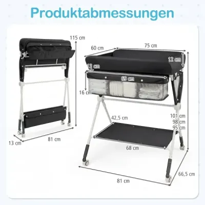 Prenosný prebaľovací pult skladací prebaľovací pult s 3-stupňovým nastavením výšky 81 x 66,5 x 95-101 cm Čierny