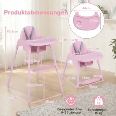 4 v 1 premeniteľná vysoká stolička pre bábätká Detská vysoká stolička s 2 výškami Detská stolička Ružová