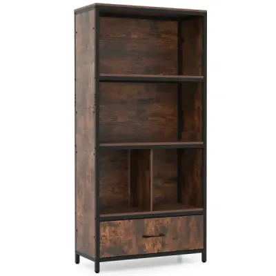 4-poschodová knižnica s otvorenými policami a látkovou zásuvkou – stojaca knižnica, hnedá