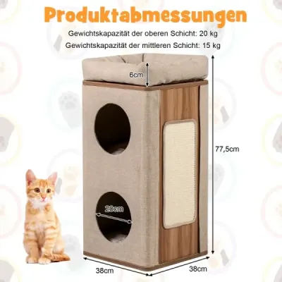 3-poschodový škrabací strom s doskou na škrabanie a 3 podložkami pre mačky do 20 kg, béžová + prírodná farba