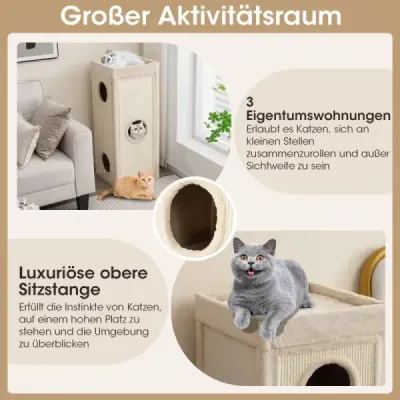 4-poschodový škrabací strom s 3 búdkami a vankúšmi pre mačky do 25 kg, škrabací strom v prírodnom vyhotovení