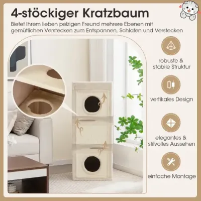 4-poschodový škrabací strom s 3 búdkami a vankúšmi pre mačky do 25 kg, škrabací strom v prírodnom vyhotovení