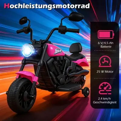 6 V detský motocykel typu chopper s hudbou, svetlom, pedálom a 2 pomocnými kolieskami, ružový