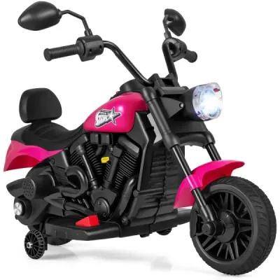 6 V detský motocykel typu chopper s hudbou, svetlom, pedálom a 2 pomocnými kolieskami, ružový