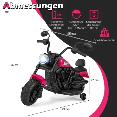 6 V detský motocykel typu chopper s hudbou, svetlom, pedálom a 2 pomocnými kolieskami, ružový