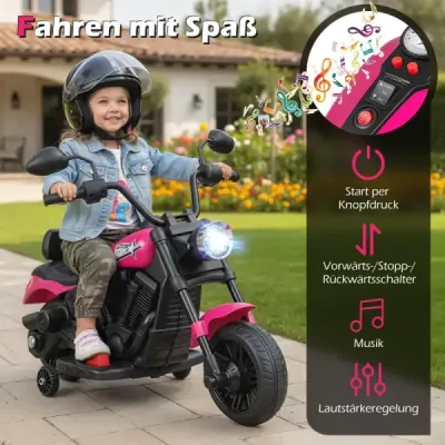 6 V detský motocykel typu chopper s hudbou, svetlom, pedálom a 2 pomocnými kolieskami, ružový