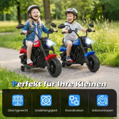 6 V detský motocykel typu chopper s hudbou, svetlometom, pedálom a 2 pomocnými kolieskami, tmavomodrý