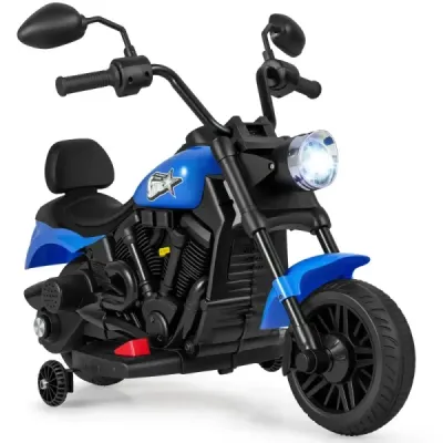 6 V detský motocykel typu chopper s hudbou, svetlometom, pedálom a 2 pomocnými kolieskami, tmavomodrý
