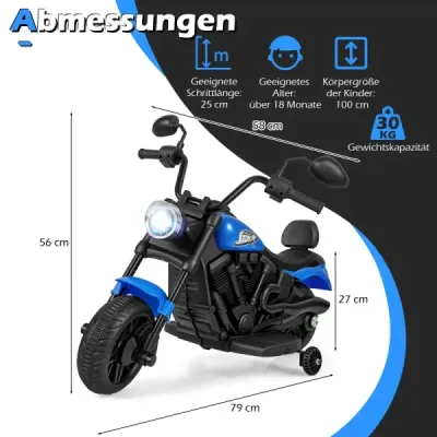 6 V detský motocykel typu chopper s hudbou, svetlometom, pedálom a 2 pomocnými kolieskami, tmavomodrý