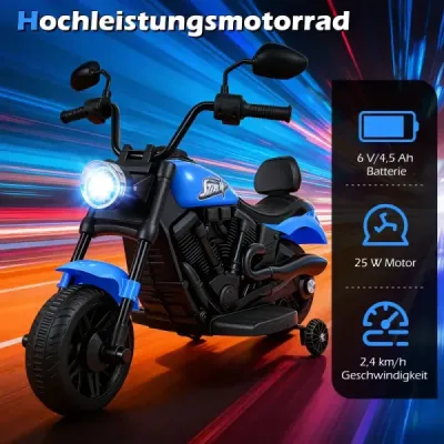 6 V detský motocykel typu chopper s hudbou, svetlometom, pedálom a 2 pomocnými kolieskami, tmavomodrý