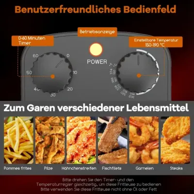 Fritéza 2000 W s objemom oleja 3 l, fritéza s nastaviteľným termostatom 150–190 °C, čierna