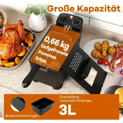 Fritéza 2000 W s objemom oleja 3 l, fritéza s nastaviteľným termostatom 150–190 °C, čierna