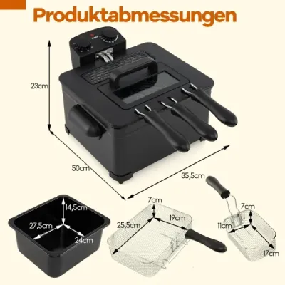 Fritéza 1700 W, elektrická fritéza 5 l, fritéza s 1 veľkým a 2 malými košíkmi, čierna