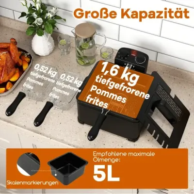 Fritéza 1700 W, elektrická fritéza 5 l, fritéza s 1 veľkým a 2 malými košíkmi, čierna