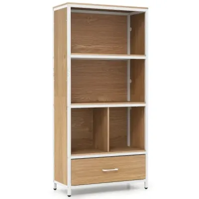 4-poschodová knižnica s otvorenými priehradkami a látkovou zásuvkou, voľne stojaca knižnica, prírodné drevo