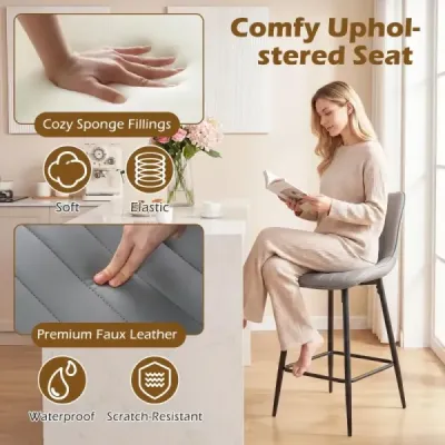 Barové stoličky, sada 2 ks, vysoké kuchynské stoličky s ergonomickým operadlom, čalúnené sedadlo, sivá farba