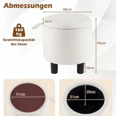 Okrúhly ľanový puf, Ø38 cm, čalúnená podnožka s úložným priestorom, béžová