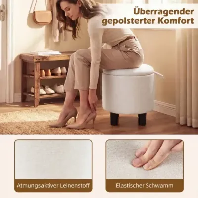 Okrúhly ľanový puf, Ø38 cm, čalúnená podnožka s úložným priestorom, béžová