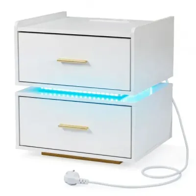 Nočný stolík s nabíjacou stanicou a LED osvetlením, 2 zásuvky, moderný, čiastočne zavesený, kovová podstava, biela