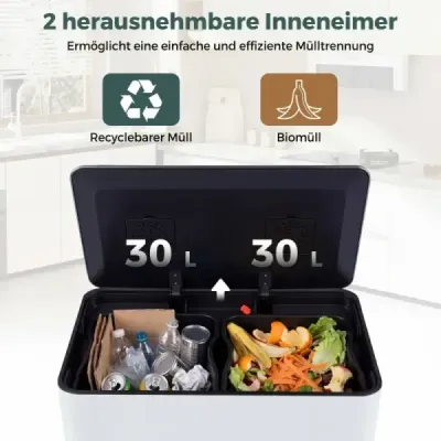 60 l kuchynský odpadkový kôš z nehrdzavejúcej ocele s pedálom a viečkom Softclose, 2 priehradky, systém na triedenie odpadu, biely