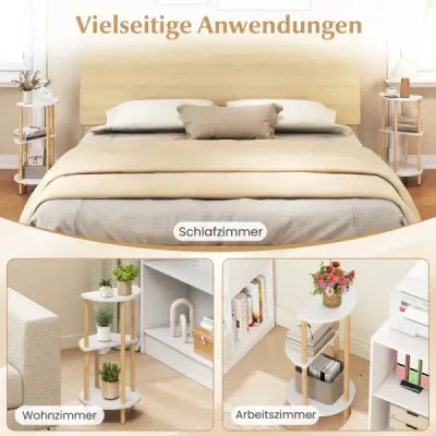 Sada 2 ks okrúhlych 3-poschodových odkladacích stolíkov z bambusu – nočný stolík, stolík k pohovke do obývačky a spálne, biela + prírodná farba