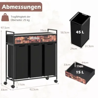 3-priehradkový kôš na bielizeň 135 l na kolieskach so zásuvkami, vrecia na bielizeň do kúpeľne, obývačky, čierna + rustikálna hnedá