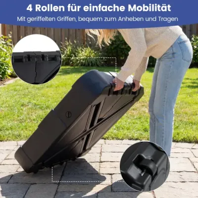 Stojan na slnečník s kolieskami, HDPE, 84 cm štvorcový, plniteľný, do záhrady, na terasu, k bazénu, čierny