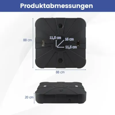 Stojan na slnečník s kolieskami z HDPE, štvorcový, plniteľný, 170 kg, čierny, s HDPE prierezom 88 cm